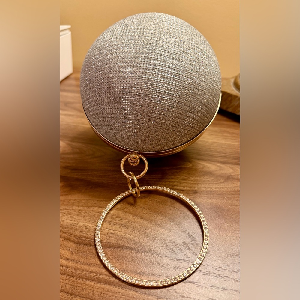 BNIP Silver Glittery Orb Evening Clutch Bag with Gold Ring Handle